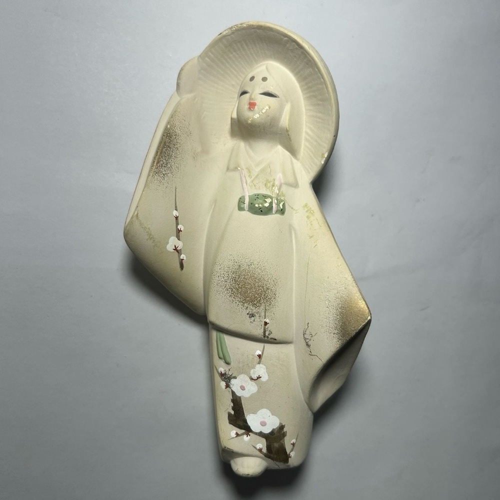 Japanese 6.5” Hakata Doll Geisha in Kimono w Gold Accents & Plum Blossom Painted